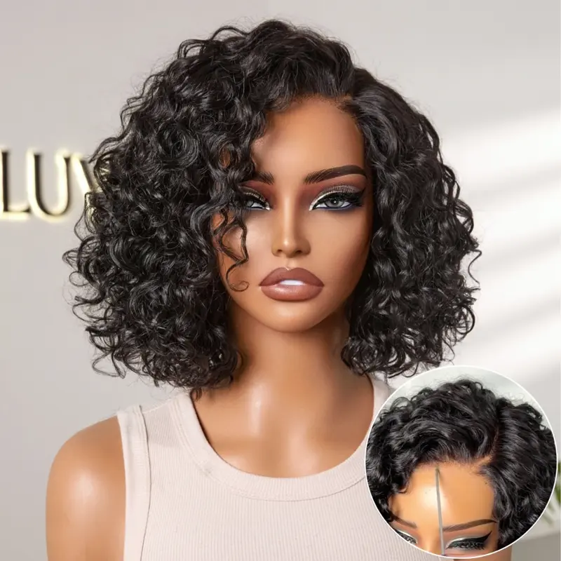 New Customers Only | Ready to Go Blonde Highlight / Natural Black  / Ombre Brown Water Wave Short Curly Bob Wig Glueless Minimalist HD Lace Wig Pre-Cut Lace - Image 7