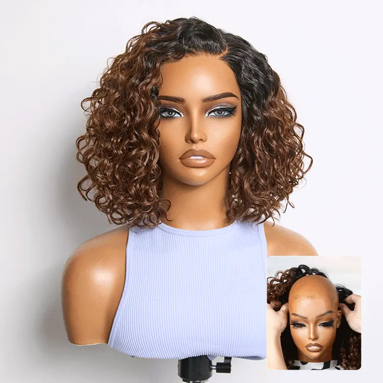 New Customers Only | Ready to Go Blonde Highlight / Natural Black  / Ombre Brown Water Wave Short Curly Bob Wig Glueless Minimalist HD Lace Wig Pre-Cut Lace - Image 9