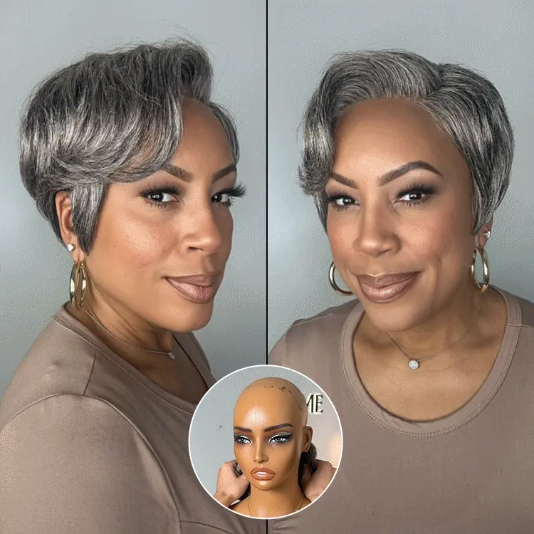 New Customers Only | Salt and Pepper Short Pixie Cut Wig Glueless Minimalist HD Lace Grey Wig Pre-Cut Lace - Image 3