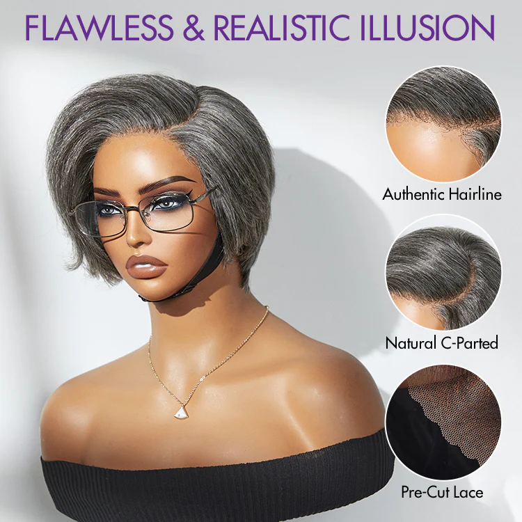New Customers Only | Salt and Pepper Short Pixie Cut Wig Glueless Minimalist HD Lace Grey Wig Pre-Cut Lace - Image 6