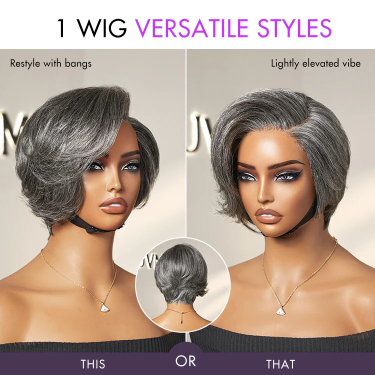 New Customers Only | Salt and Pepper Short Pixie Cut Wig Glueless Minimalist HD Lace Grey Wig Pre-Cut Lace - Image 8