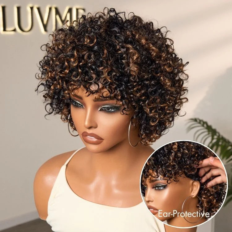 New Customers Only | Throw On & Go Brown Highlight Short Curly with Bangs Wig Ultra Comfort Cotton Cap Glueless Hair Loss Friendly Wig - Image 3