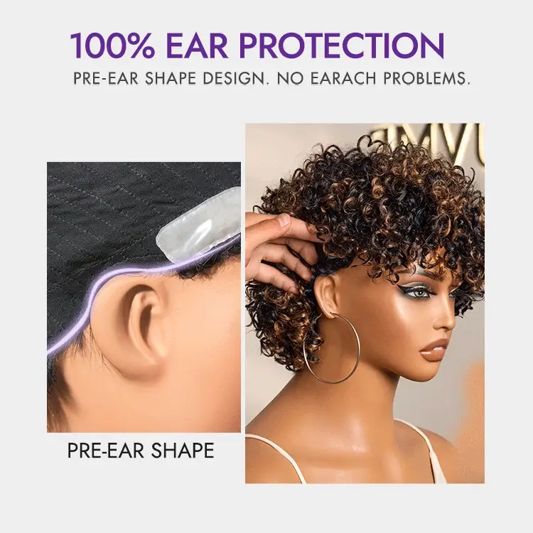 New Customers Only | Throw On & Go Brown Highlight Short Curly with Bangs Wig Ultra Comfort Cotton Cap Glueless Hair Loss Friendly Wig - Image 7