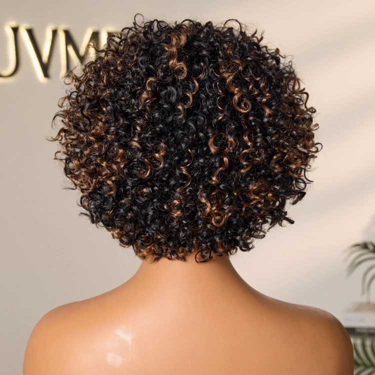 New Customers Only | Throw On & Go Brown Highlight Short Curly with Bangs Wig Ultra Comfort Cotton Cap Glueless Hair Loss Friendly Wig - Image 8
