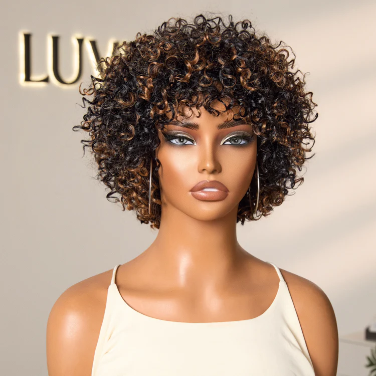 New Customers Only | Throw On & Go Brown Highlight Short Curly with Bangs Wig Ultra Comfort Cotton Cap Glueless Hair Loss Friendly Wig - Image 9