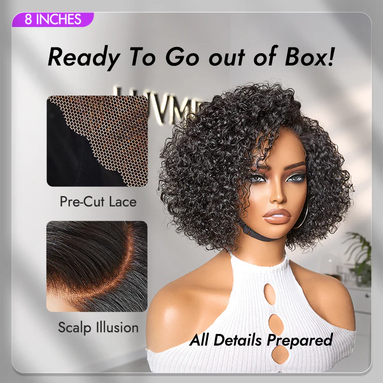 New Customers Only | Trendy Short Cut Curly Minimalist HD Lace Glueless Side Part Wig 100% Human Hair Pre-Cut Lace - Image 3