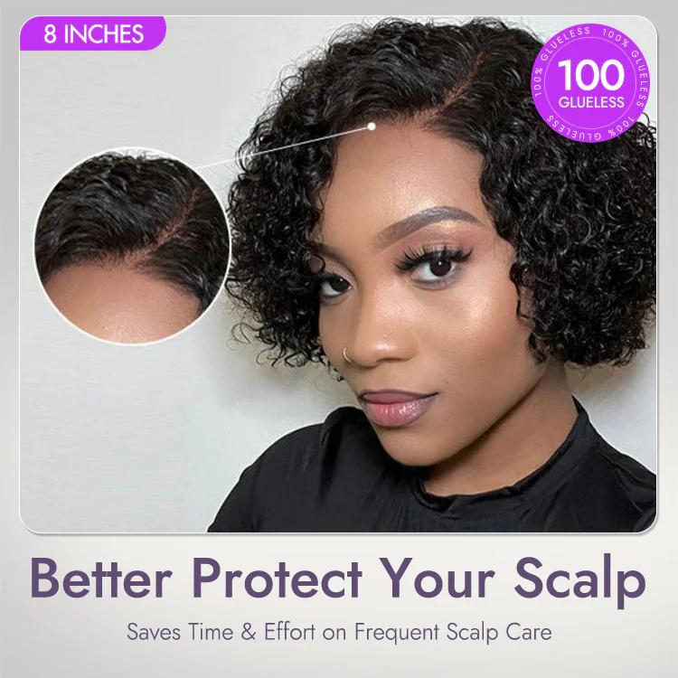 New Customers Only | Trendy Short Cut Curly Minimalist HD Lace Glueless Side Part Wig 100% Human Hair Pre-Cut Lace - Image 4