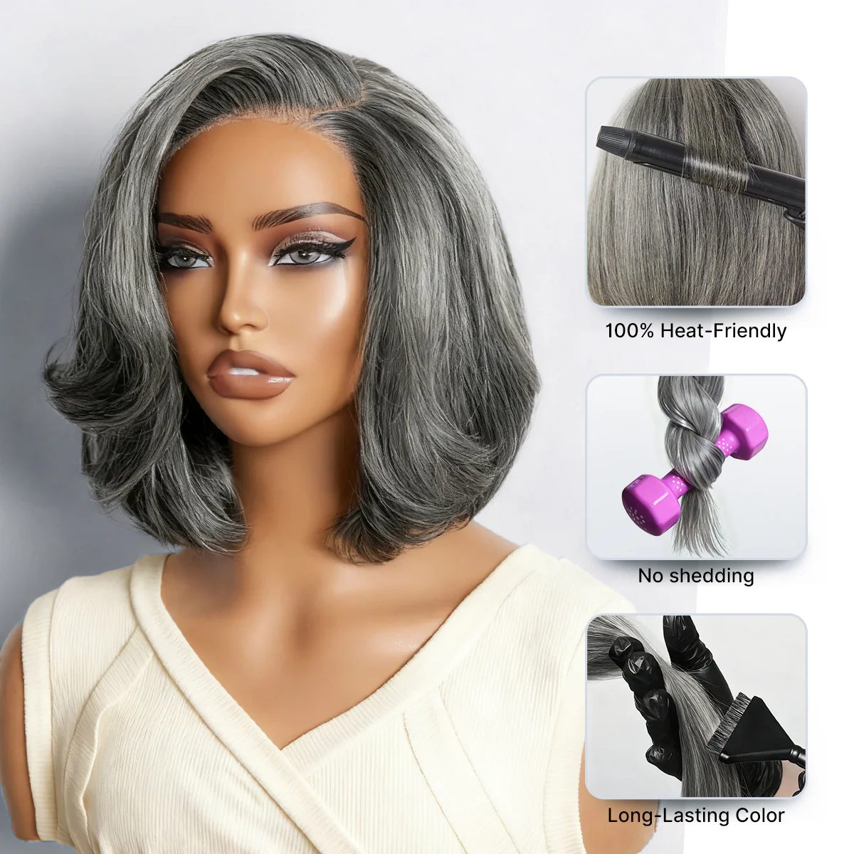 Salt & Pepper 100% Human Hair Layered Bob Wig Glueless Minimalist Lace Grey Wig Pre-Cut Lace - Image 3