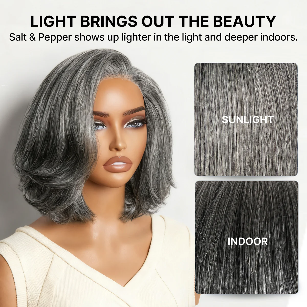 Salt & Pepper 100% Human Hair Layered Bob Wig Glueless Minimalist Lace Grey Wig Pre-Cut Lace - Image 9