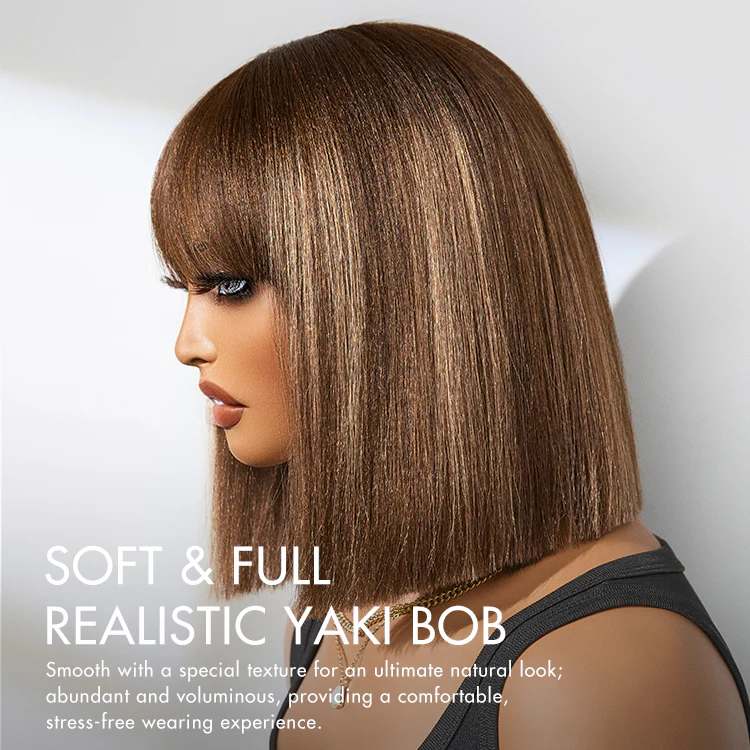 Tiktok Exclusive Deal | Put On and Go Realistic Glueless Yaki Straight Bob with Bangs Minimalist Lace Wig 100% Human Hair - Image 7