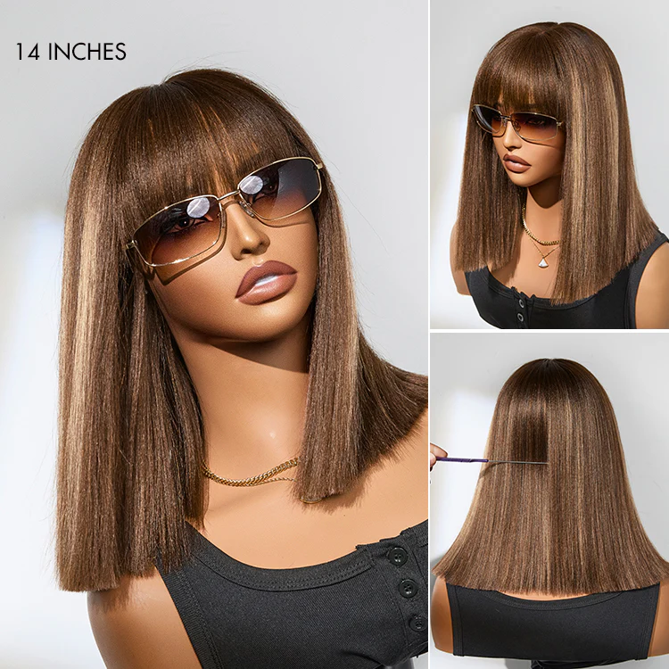Tiktok Exclusive Deal | Put On and Go Realistic Glueless Yaki Straight Bob with Bangs Minimalist Lace Wig 100% Human Hair - Image 9